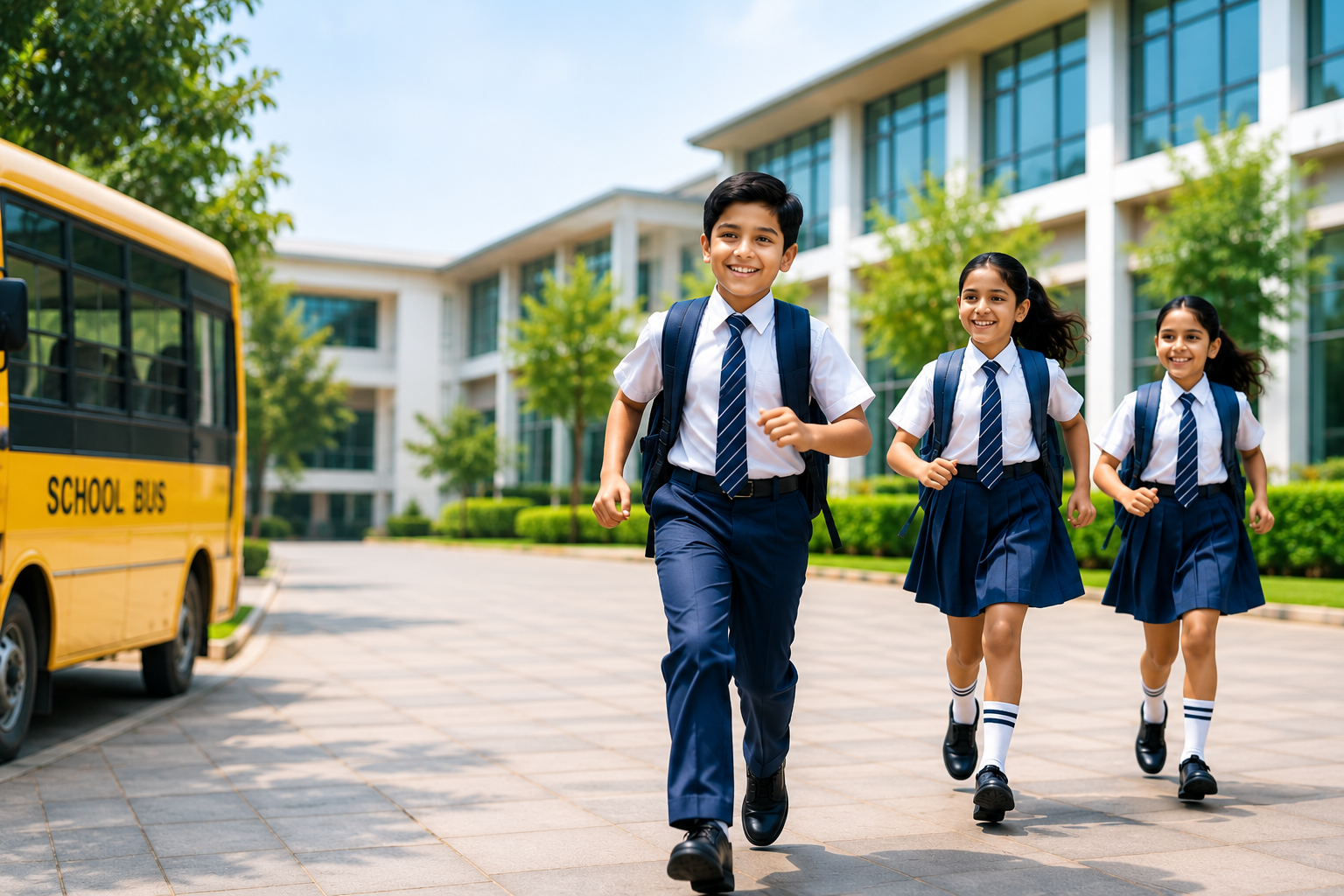 Happy school children running and smiling in their school uniforms